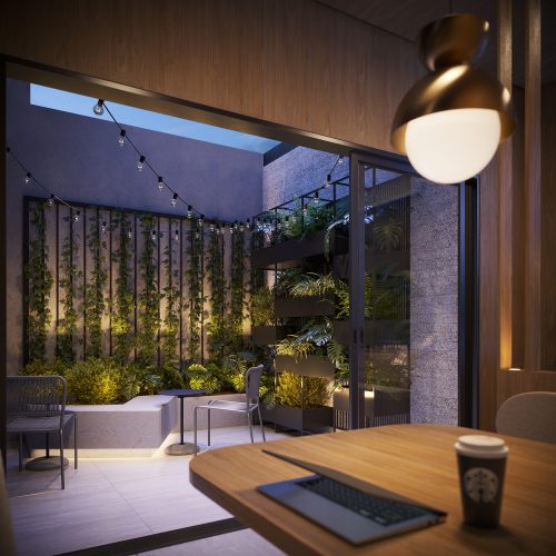 Perspectiva artística da Praça Coworking